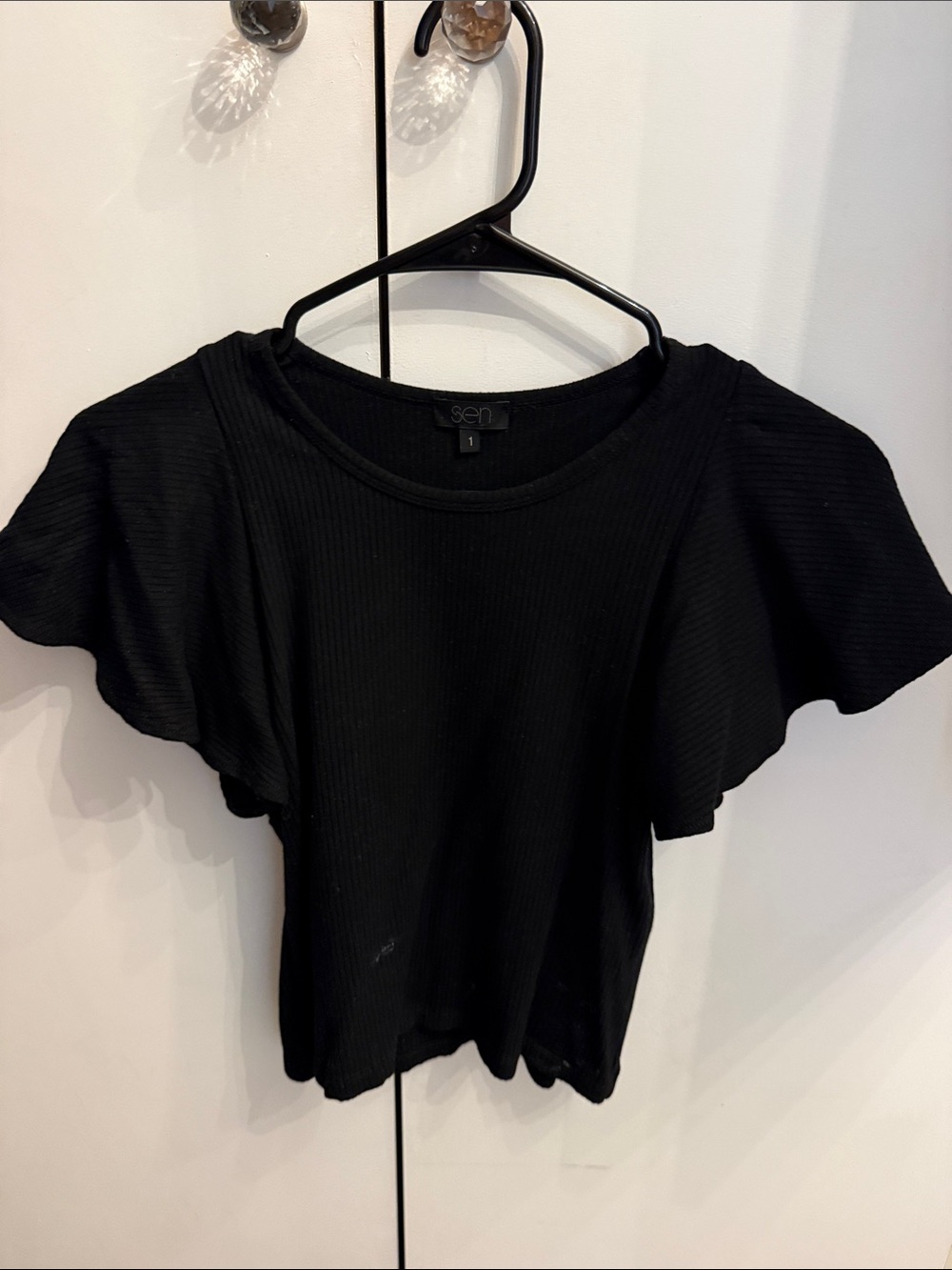 SEN Black Ribbed Flutter Sleeve Top